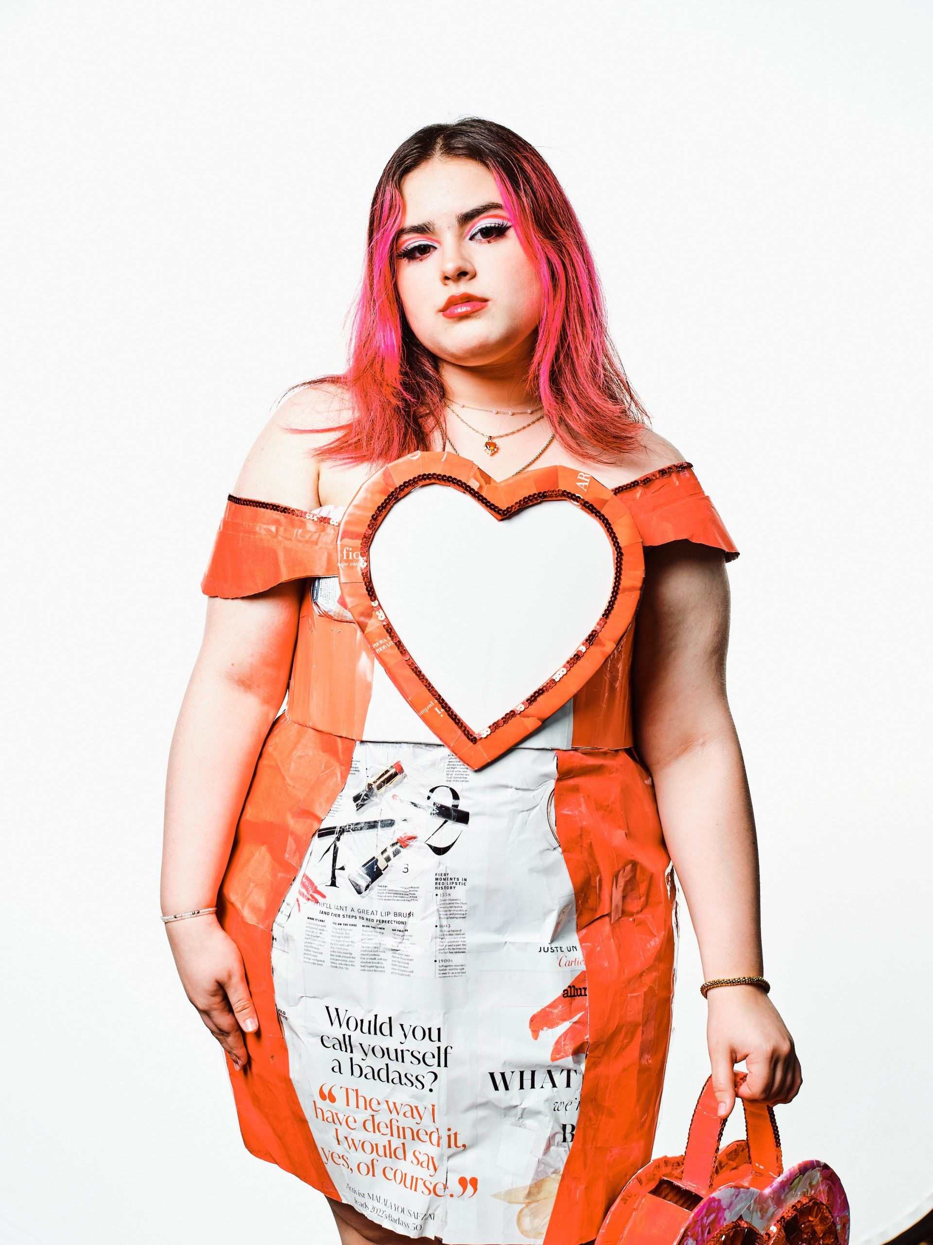 Model in hand-made garment at the 2022 Sustainable Fashion Show at New Design High School. Photo by Christian Rodriguez