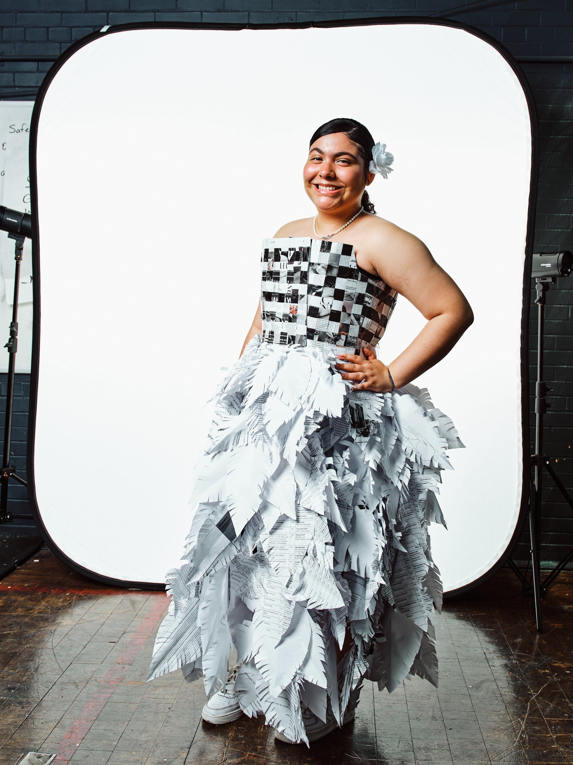 Model in hand-made garment at the 2022 Sustainable Fashion Show at New Design High School. Photo by Christian Rodriguez