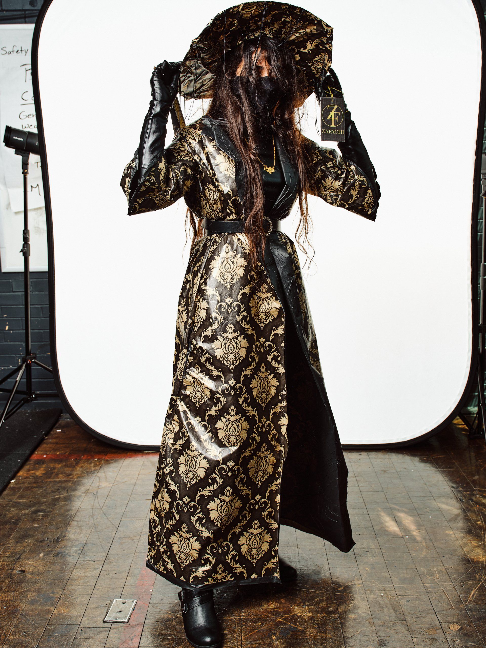 Model in hand-made garment at the 2022 Sustainable Fashion Show at New Design High School. Photo by Christian Rodriguez