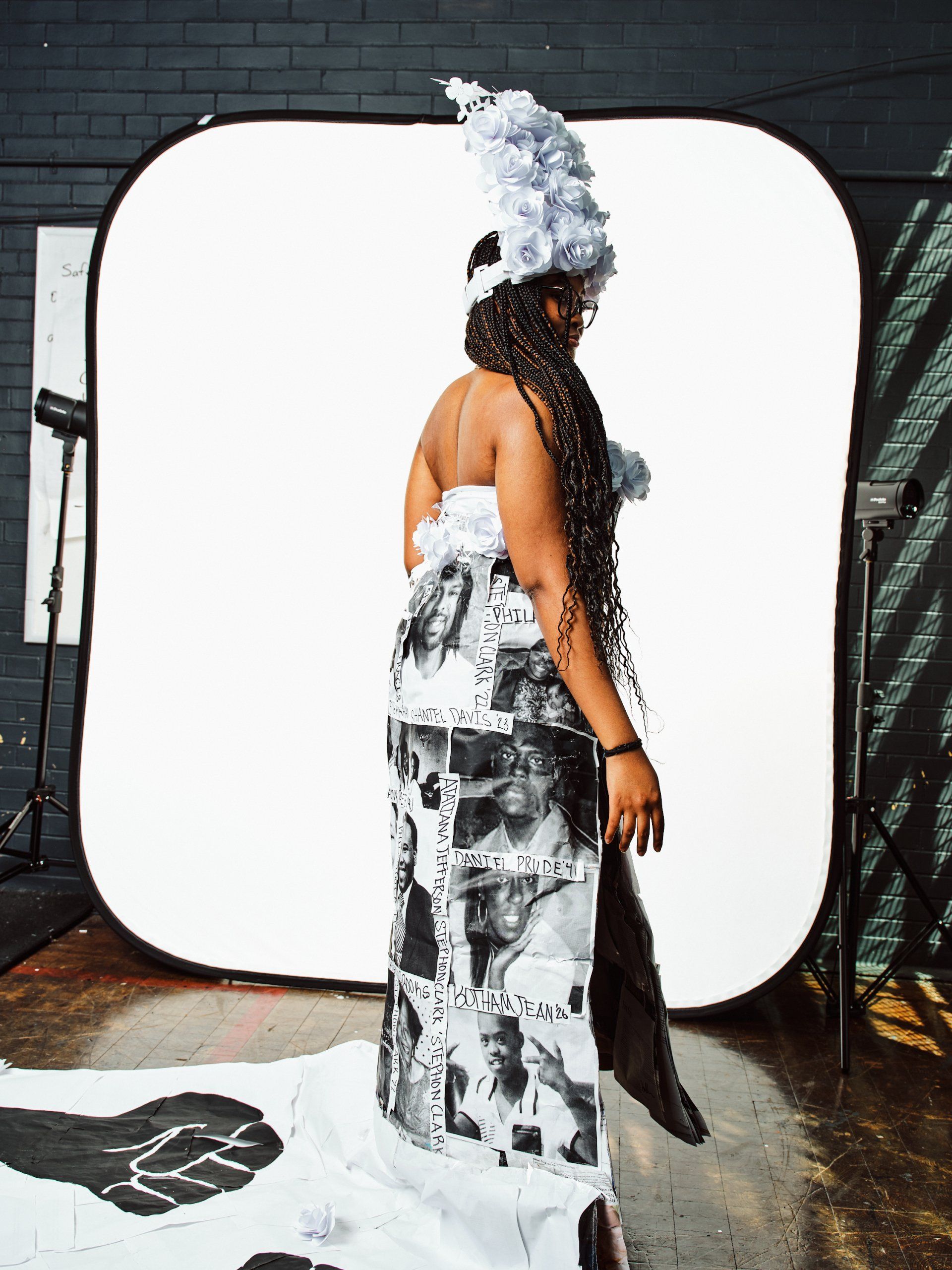 Model in hand-made garment at the 2022 Sustainable Fashion Show at New Design High School. Photo by Christian Rodriguez