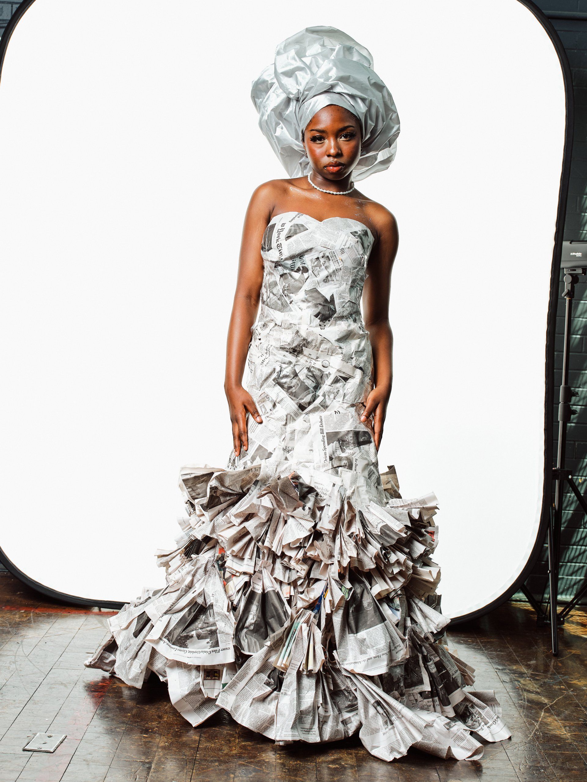 Model in hand-made garment at the 2022 Sustainable Fashion Show at New Design High School. Photo by Christian Rodriguez