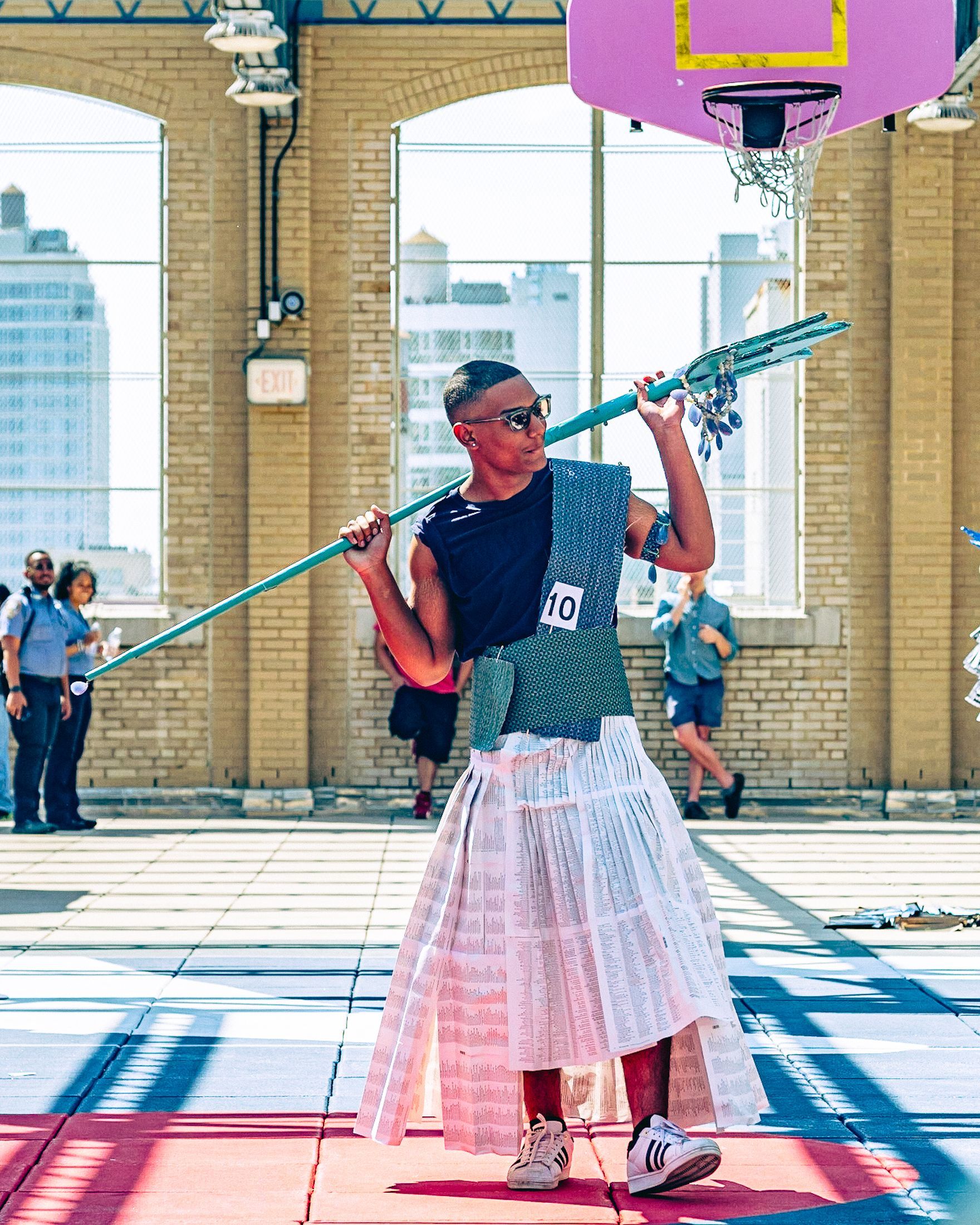 Model in hand-made garment at the 2023 Sustainable Fashion Show at New Design High School. Photo by Luis Suarez