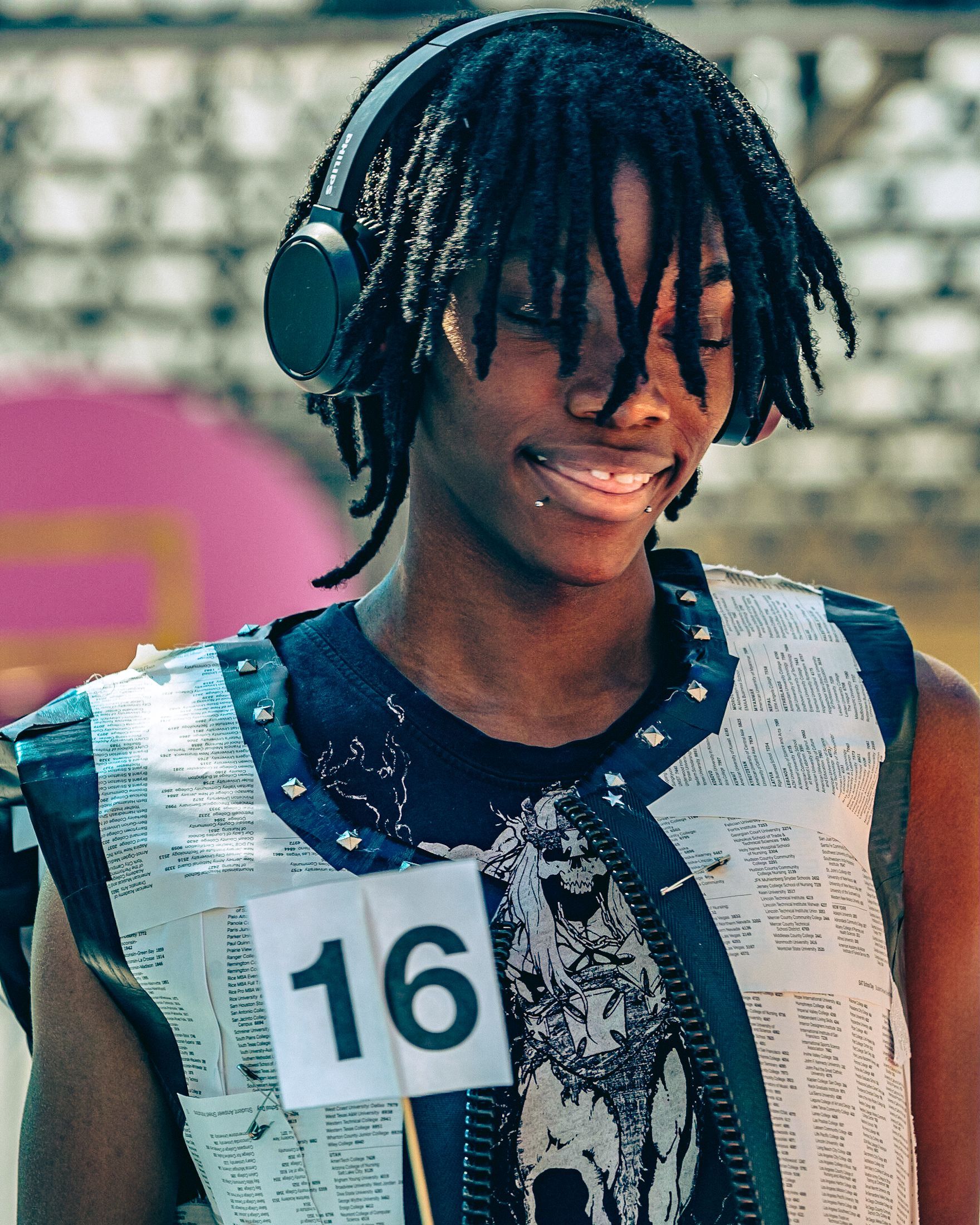 Model in hand-made garment at the 2023 Sustainable Fashion Show at New Design High School. Photo by Luis Suarez