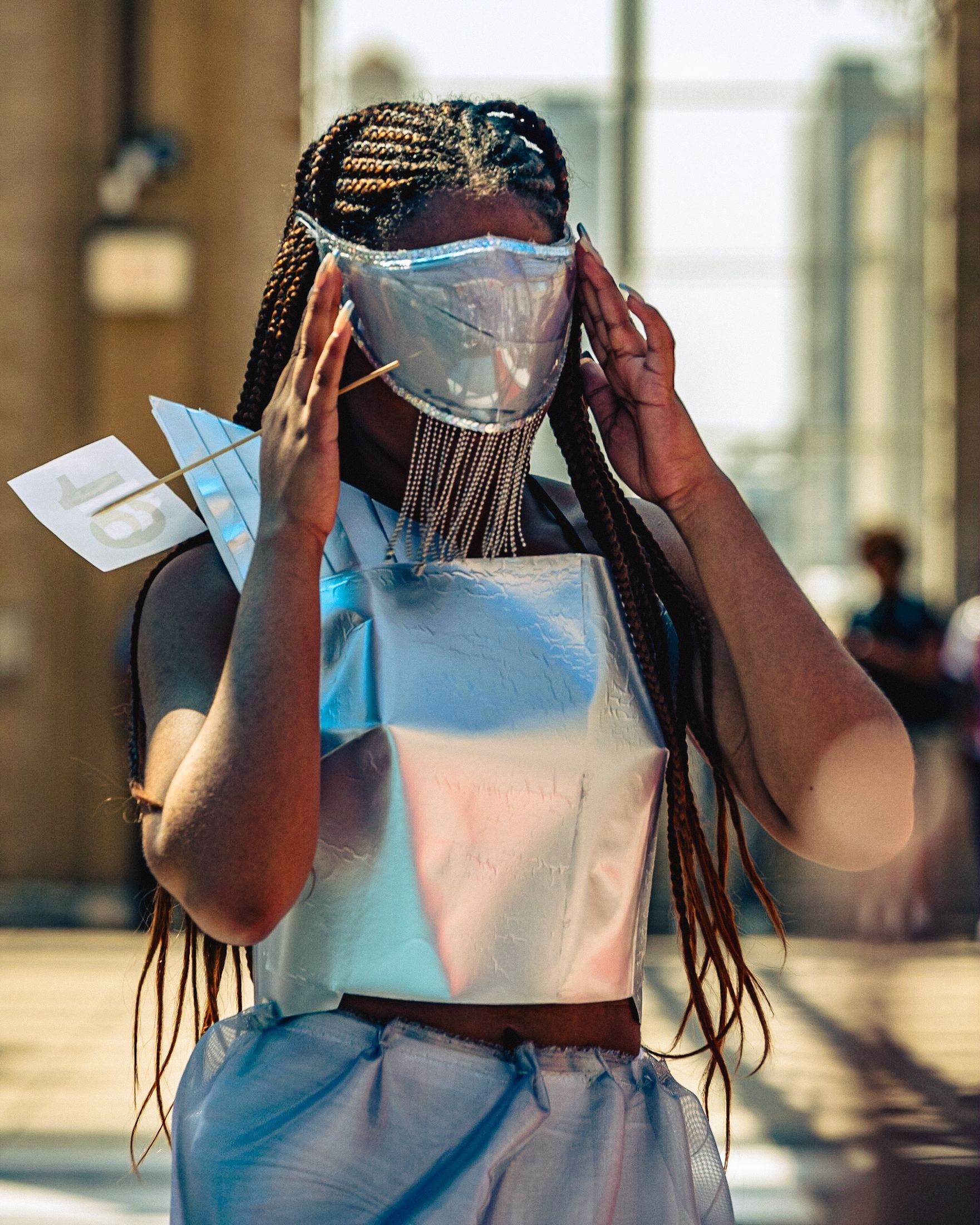 Model in hand-made garment at the 2023 Sustainable Fashion Show at New Design High School. Photo by Luis Suarez