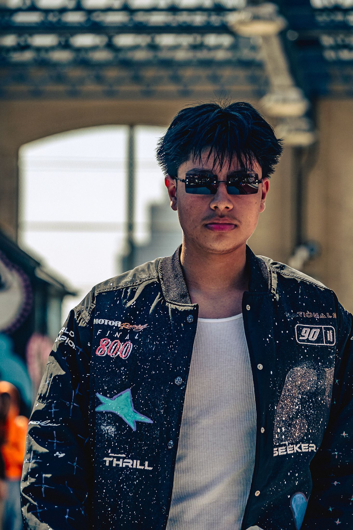 Student model walking runway on Seward Park Campus roof