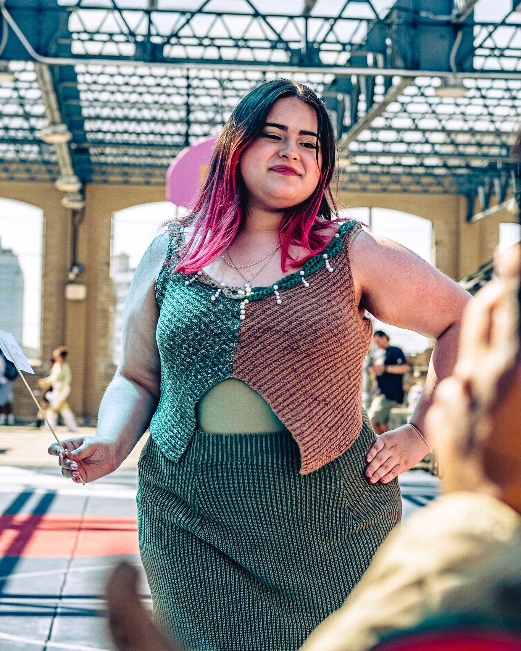 Model in hand-made garment at the 2023 Sustainable Fashion Show at New Design High School. Photo by Luis Suarez