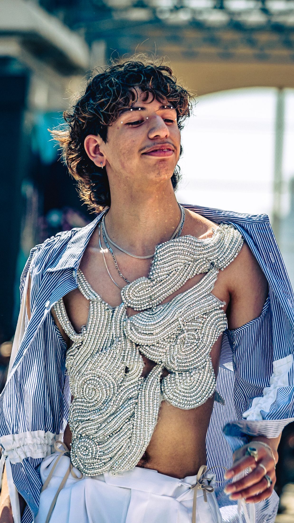 Model in hand-made garment at the 2023 Sustainable Fashion Show at New Design High School. Photo by Luis Suarez