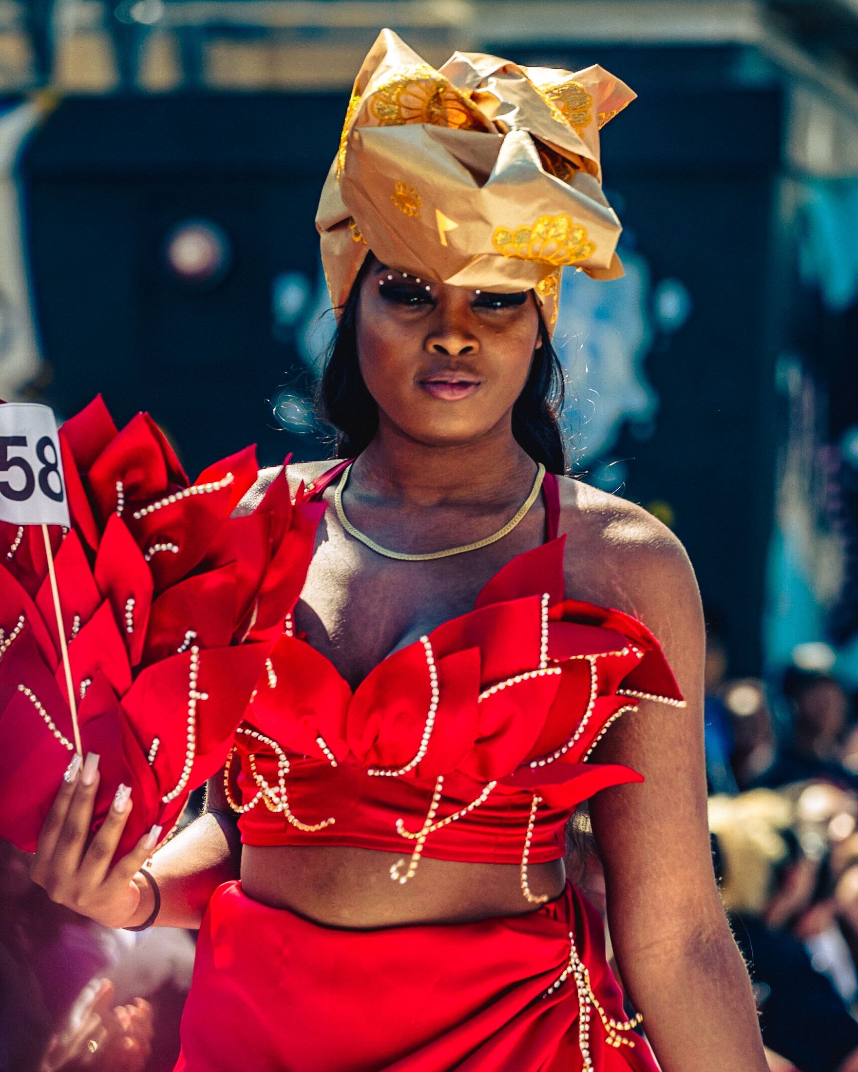 Model in hand-made garment at the 2023 Sustainable Fashion Show at New Design High School. Photo by Luis Suarez
