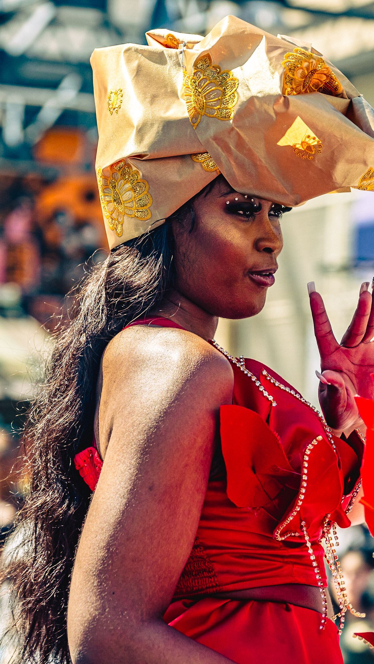 Model in hand-made garment at the 2023 Sustainable Fashion Show at New Design High School. Photo by Luis Suarez