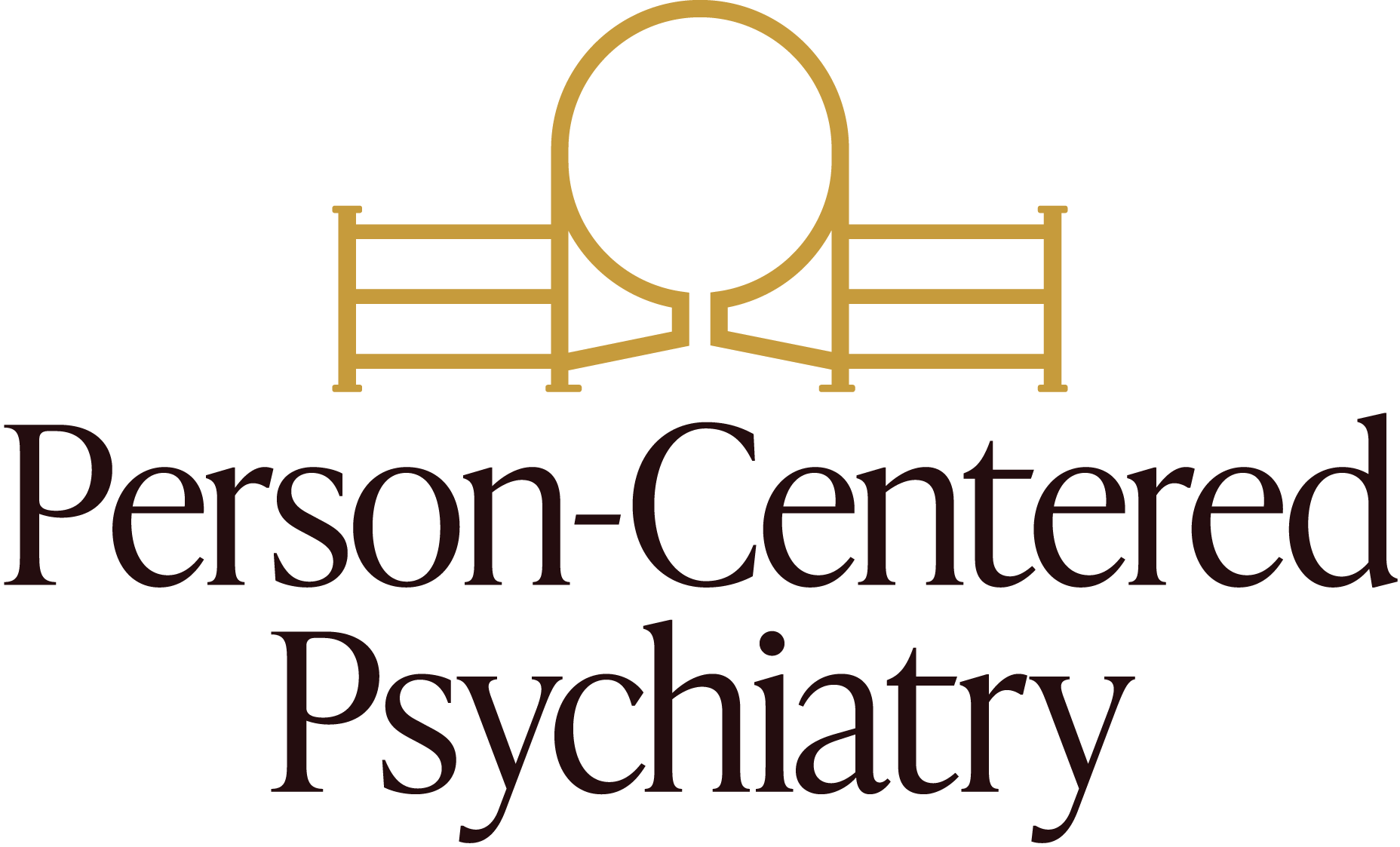 Person-Centered Psychiatry logo with gold abstract figure and dark text on white background