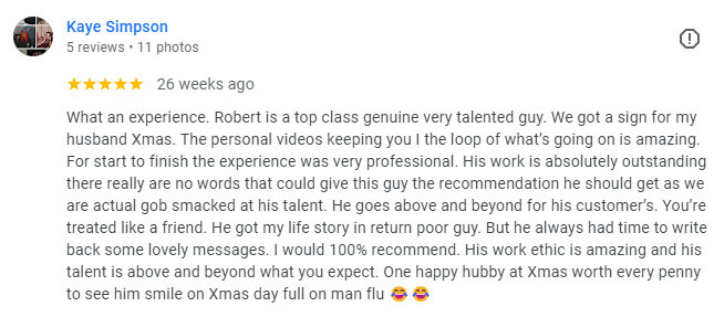 A written five star review of a house sign made by Robert of Ingrained Culture