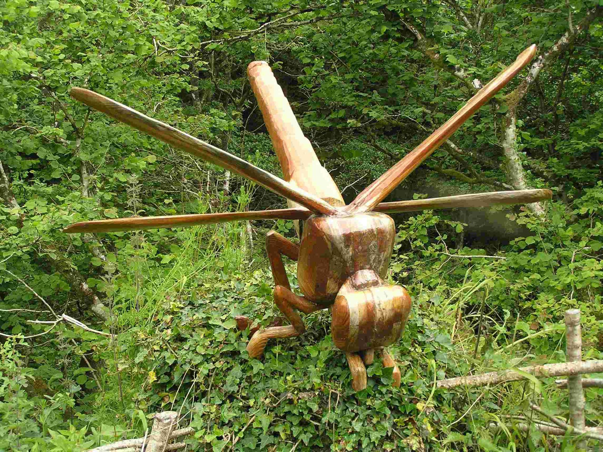 A control piece wooden sculpture of a Dragonfly, outside in a garden after 10 years. Made by Ingrained Culture
