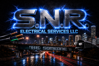 SNR Electrical Services logo in blue text with diagonal stripe accents