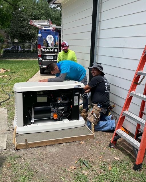 Workers servicing a white generator beside a house, with a red ladder nearby.