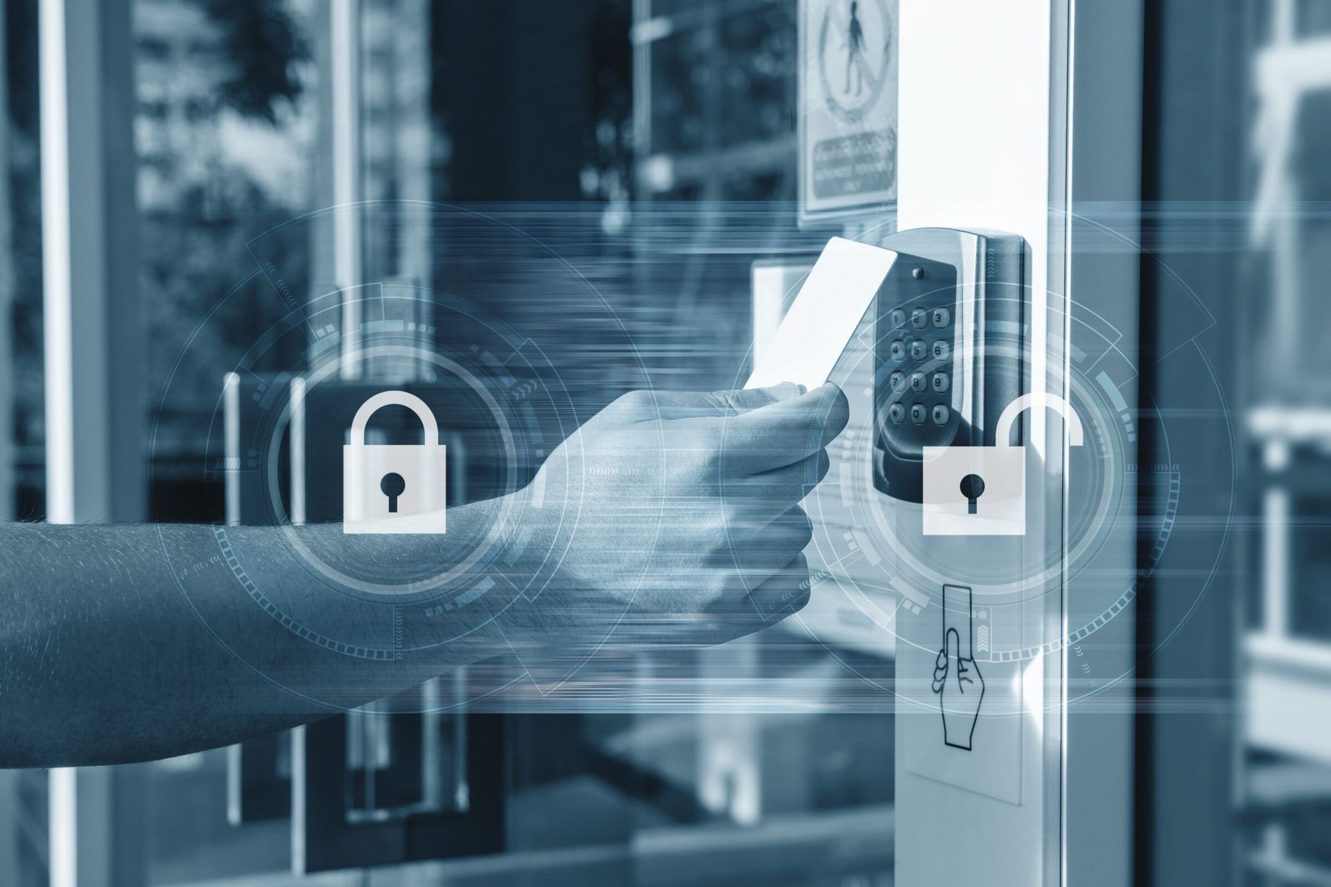 Person using an access card to unlock a door with a keypad and lock icons overlayed.