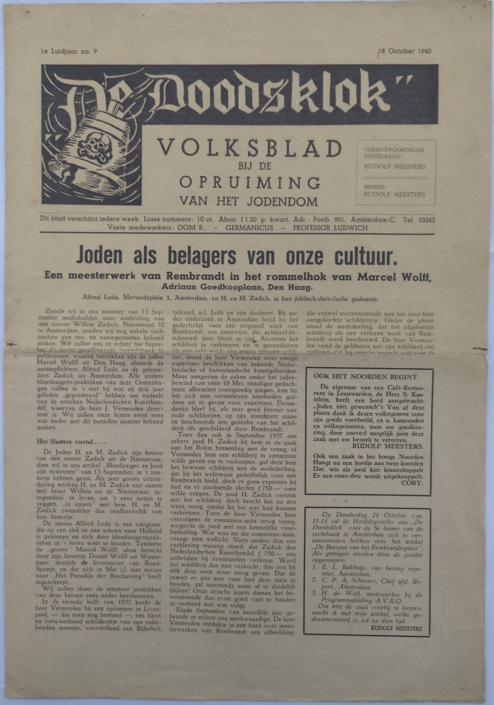 Verboden krant De Doodsklok luidjaar 1 no9 1940