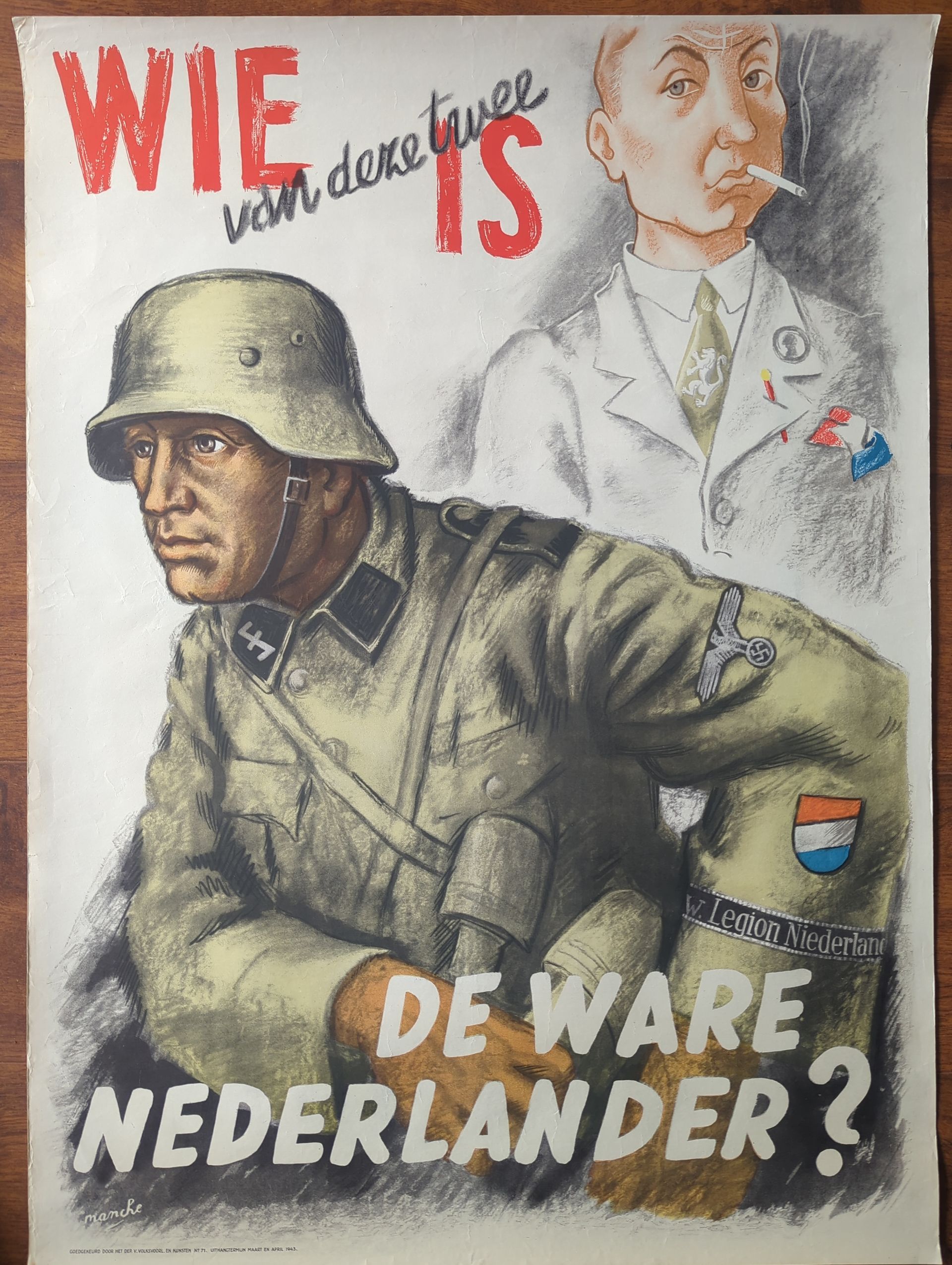 Original WWII SS recruitment poster “Which of These Two Is the True Dutchman?” (Netherlands, 1943) – for sale