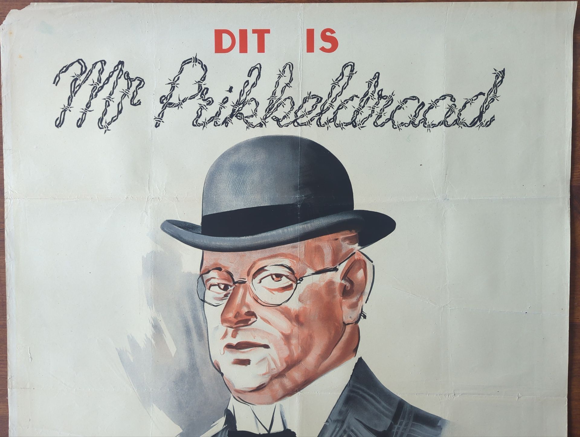 Set of 4 original WWII propaganda posters “Mr. Prikkeldraad” (Netherlands, 1944) – authentic examples – for sale