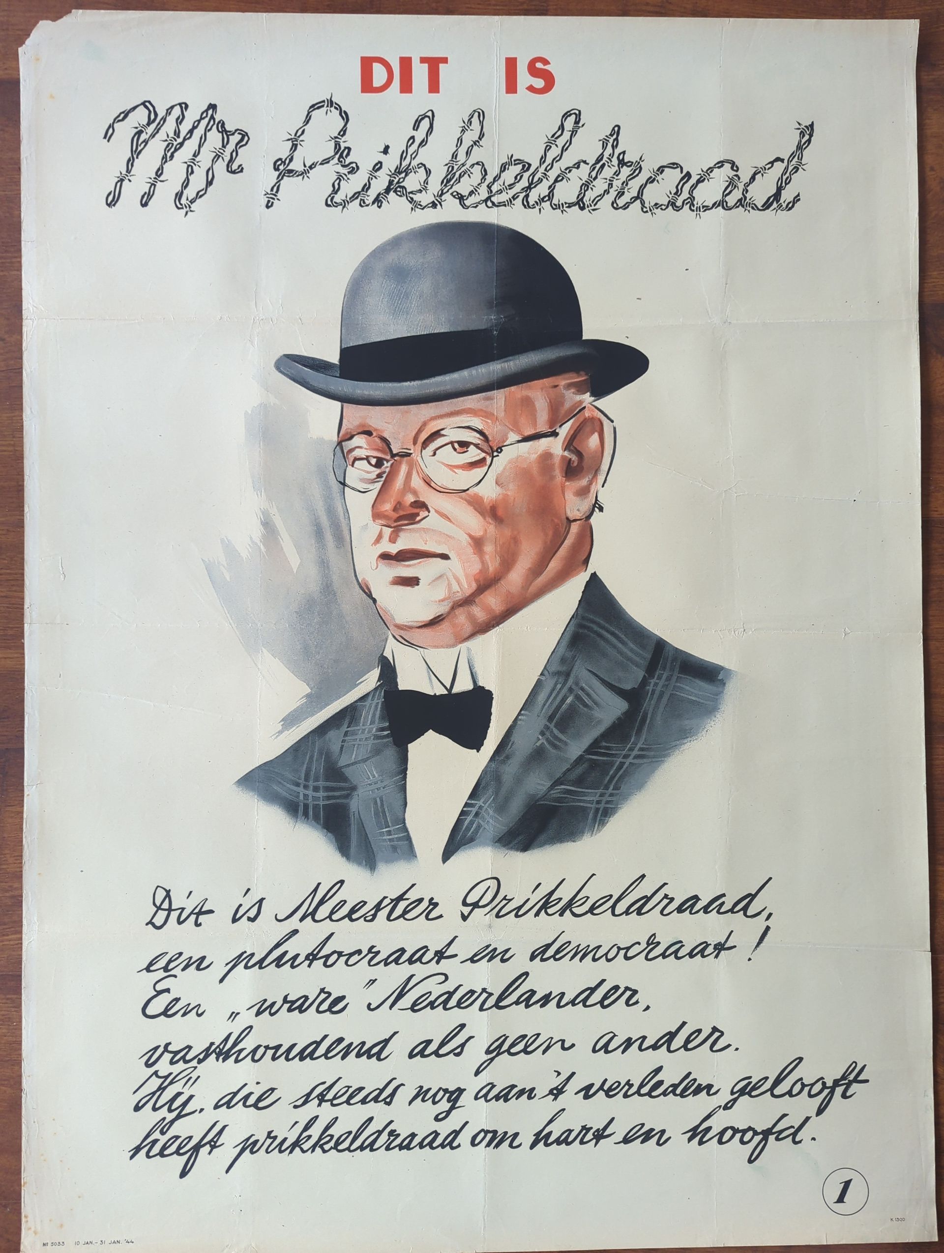 Set of 4 original WWII propaganda posters “Mr. Prikkeldraad” (Netherlands, 1944) – authentic examples – for sale