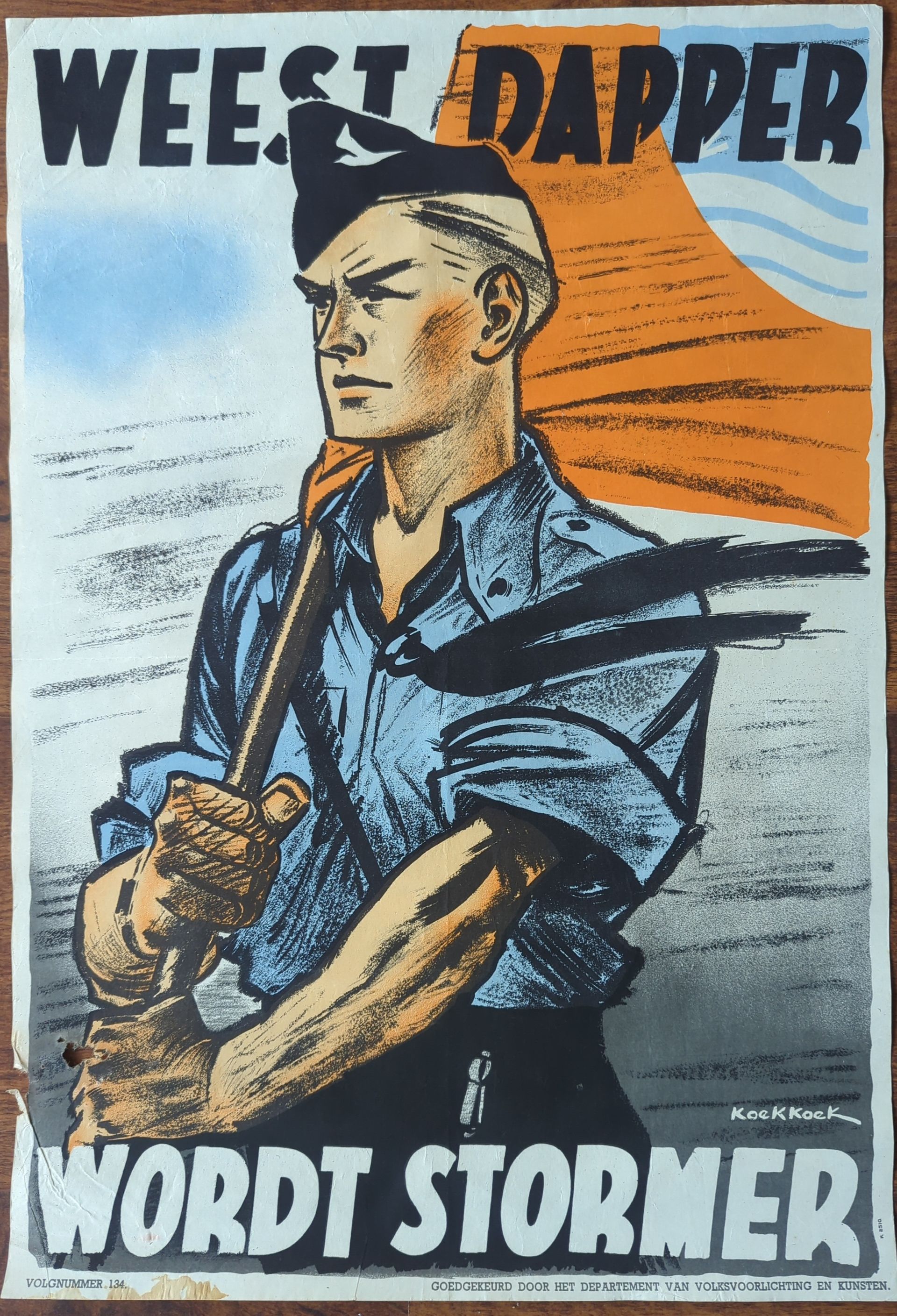Original WWII poster NJS (Nationale Jeugdstorm“Be Brave, Become a Stormer” – Netherlands –  WWII propaganda poster – for sale