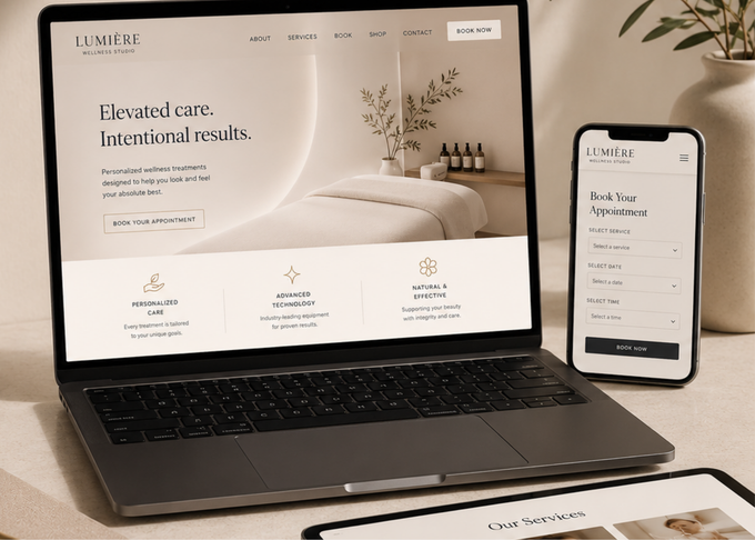 Laptop and phone displaying a minimalist wellness website on a beige desk