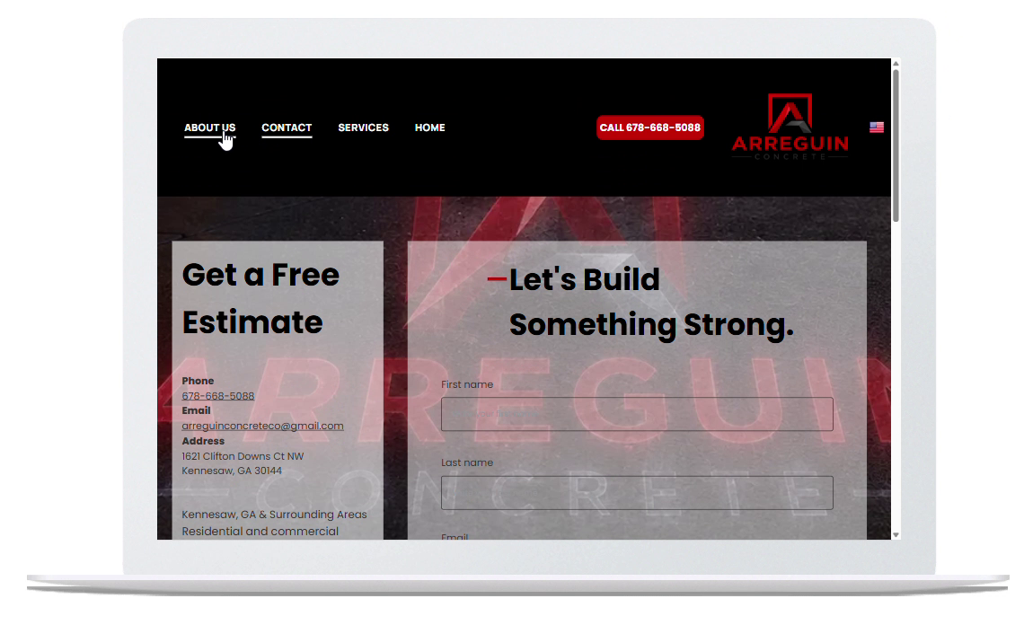 Laptop displaying a black-and-red website with “Get a Free Estimate” and “Let’s Build Something Strong.”