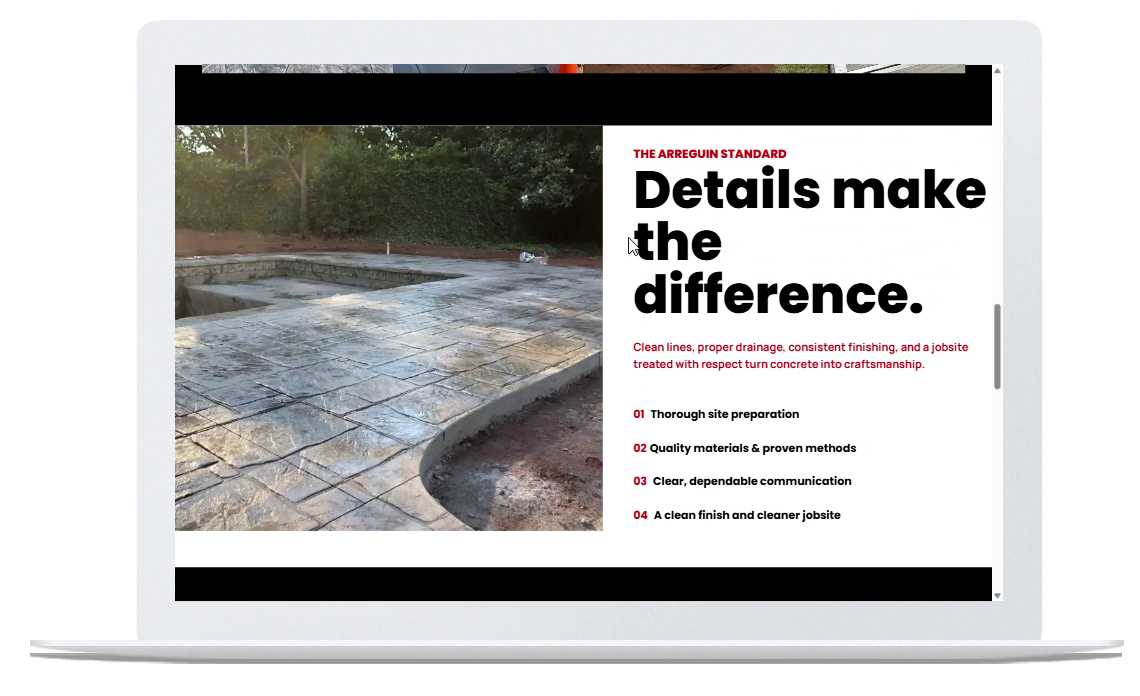Laptop screen showing a website with a wet stone path and the headline “Details make the difference.”