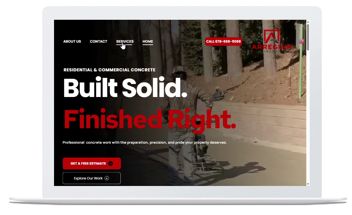 Construction company website on a laptop, with bold white and red text reading “Built Solid. Finished Right.”
