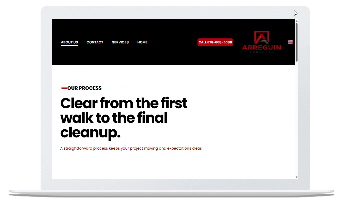 Laptop screen showing a black-and-white website homepage with the headline “Clear from the first walk to the final cleanup.”