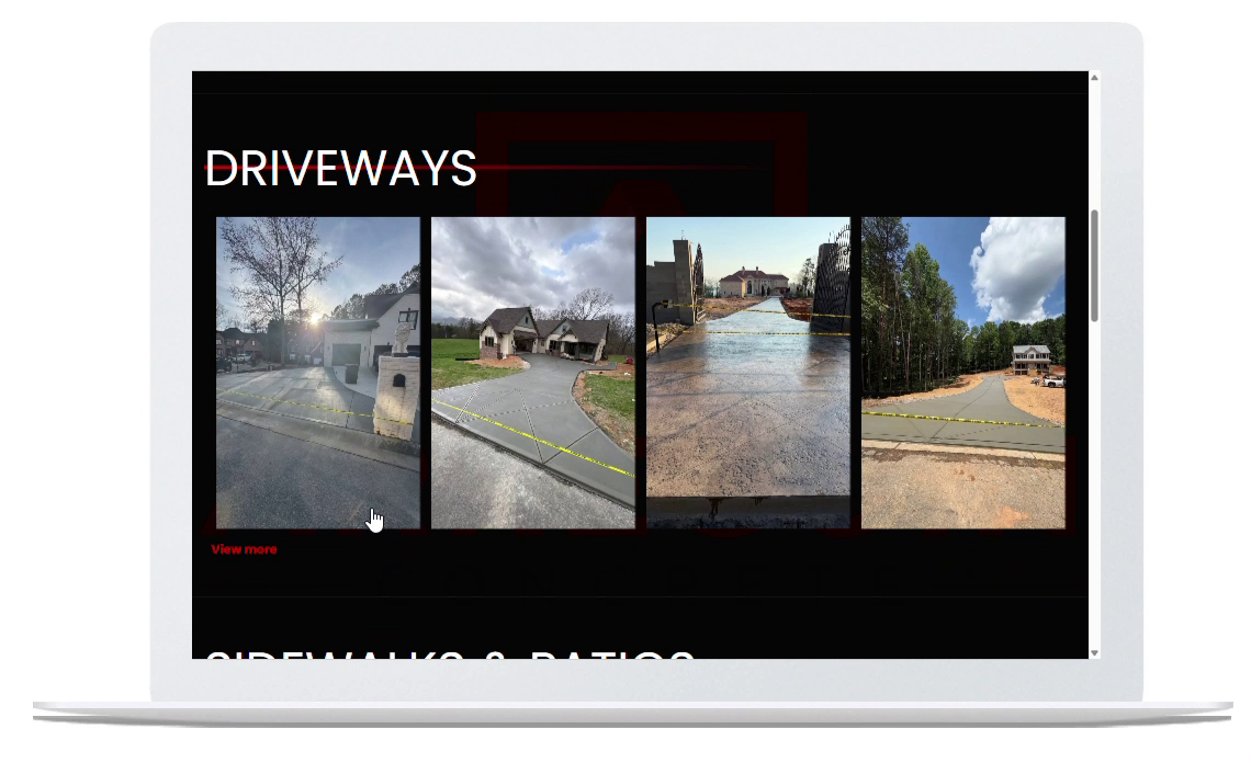 Laptop screen showing a “Driveways” presentation with four driveway photos on a black background