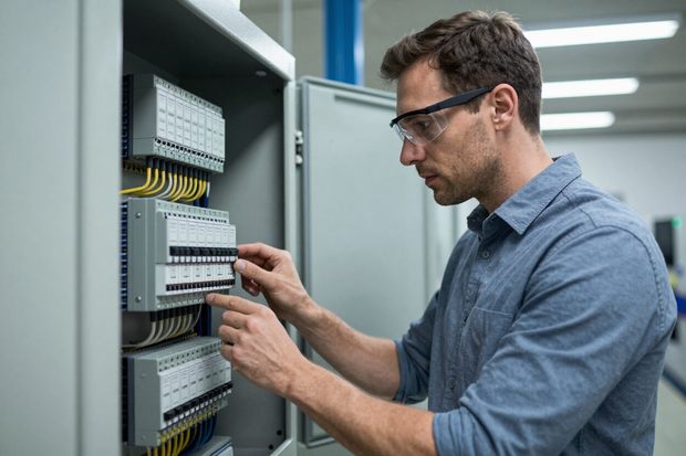 Engenheiro analisando painel de rede industrial