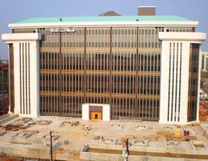 an aerial view of a large building under construction .
