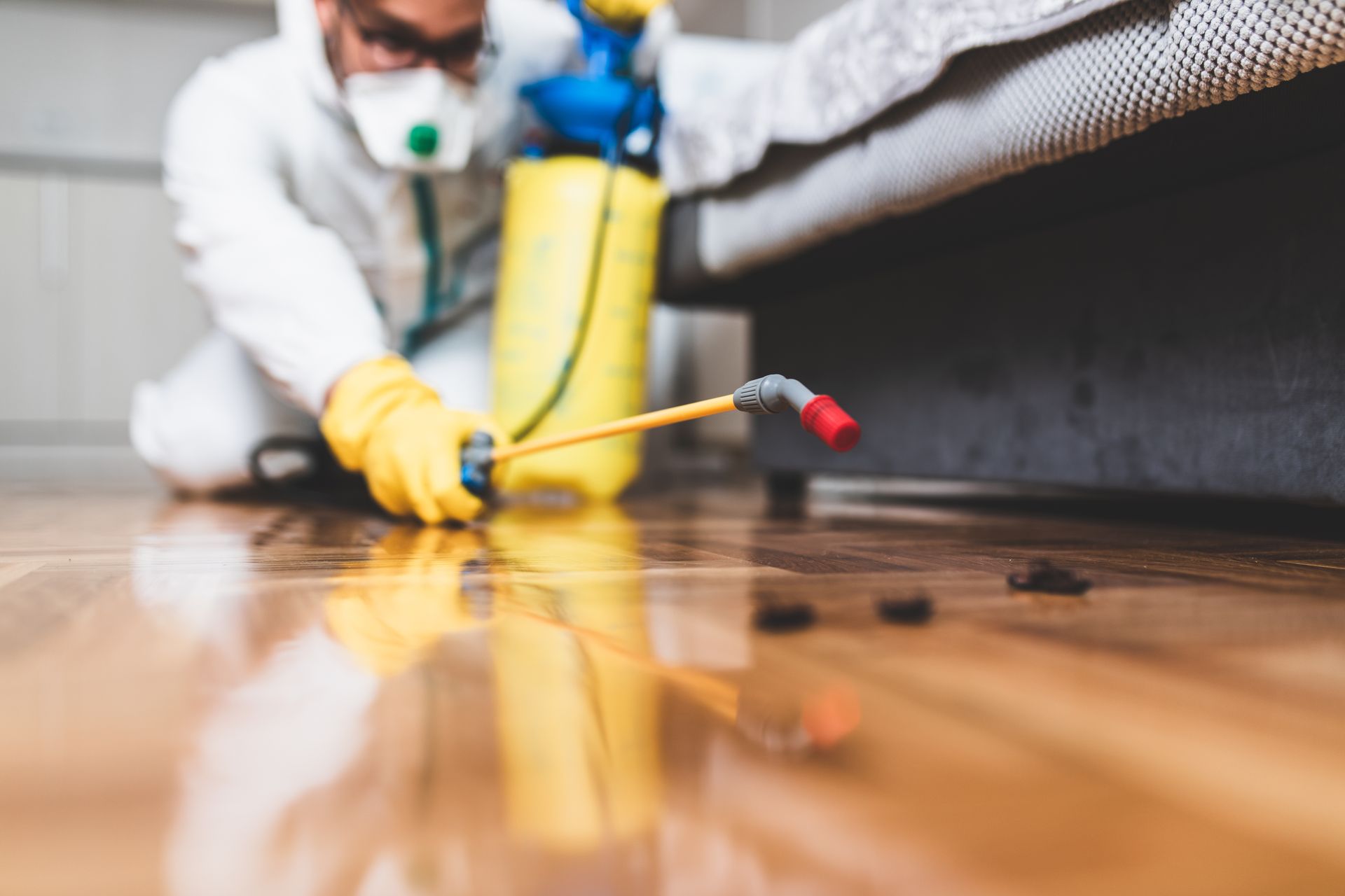 A person in a white hazmat suit and mask uses a yellow handheld pesticide sprayer under a piece of furniture.