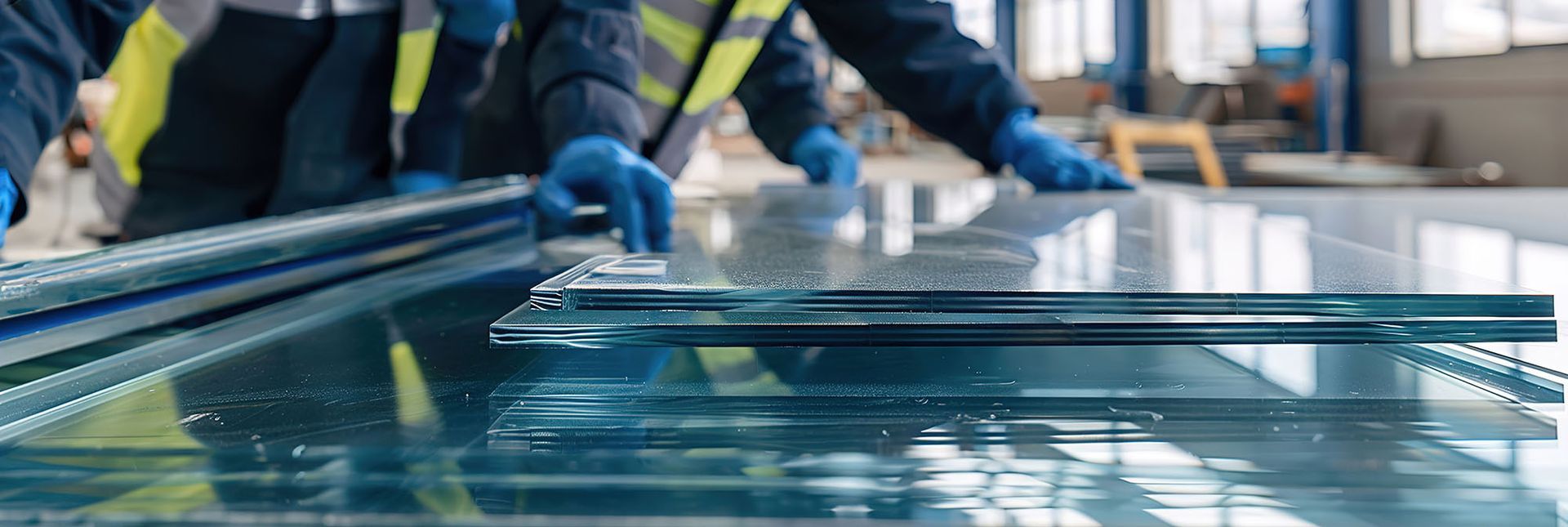 Workers handling glass sheets. Workers handling glass sheets.