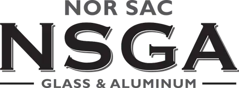 The nor sac nsga glass and aluminum logo is black and white.