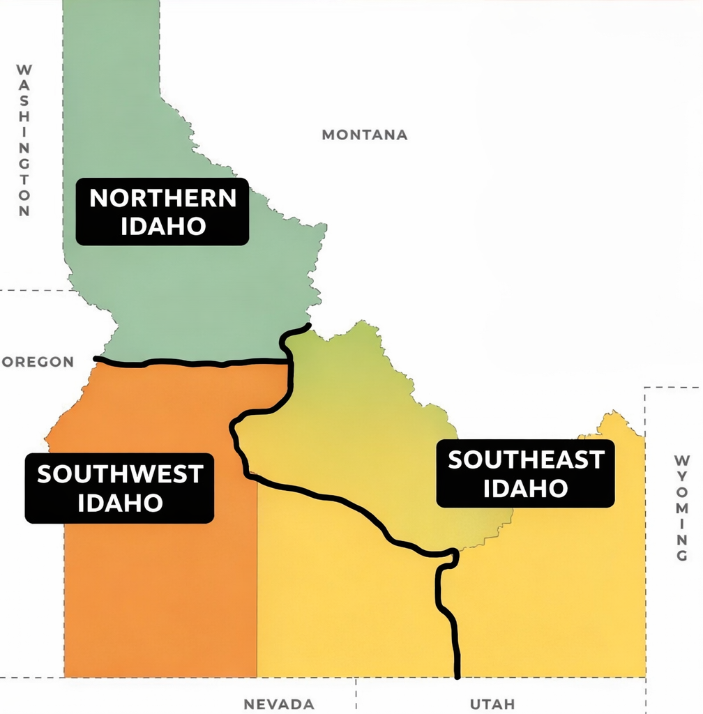 A map of Idaho divided into three colored regions: Northern (green), Southwest (orange), and Southeast (yellow).