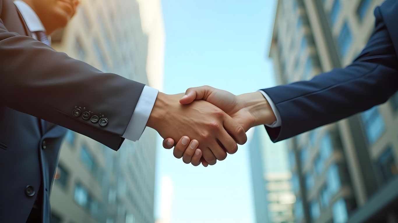 Two businesspeople in suits shaking hands outdoors between office buildings.