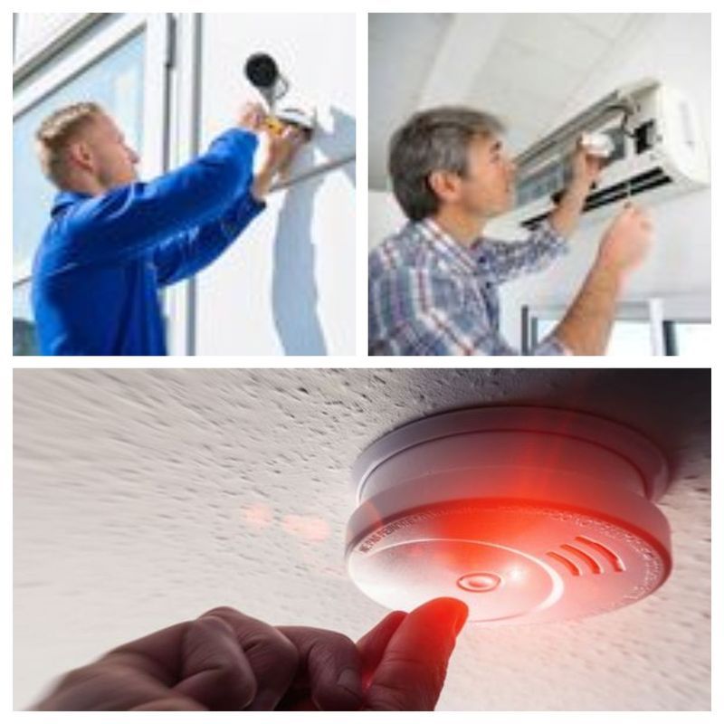 Tecnici impegnati nell'installazione di telecamere di sicurezza e condizionatori, oltre a un collaudo manuale di un rilevatore di fumo a soffitto.