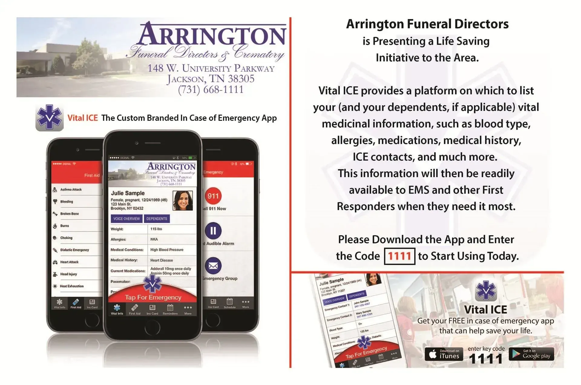 Arrington Funeral Directors promotes the Vital ICE emergency app, which stores medical info for first responders.