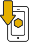 Uma seta amarela está apontando para baixo em direção a um telefone celular.