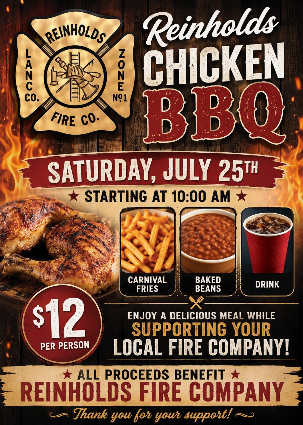 Reinholds Chicken BBQ fundraiser poster with fire, chicken, baked potatoes, and soda on Saturday, July 25th.