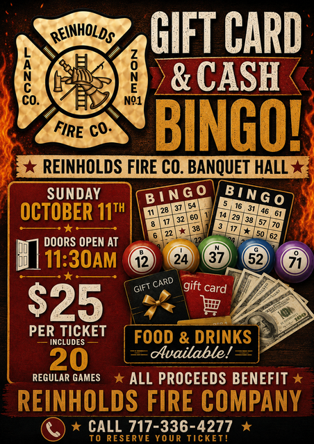 Gift card and cash bingo fundraiser poster for Reynolds Fire Co. with date, prizes, and food/drinks