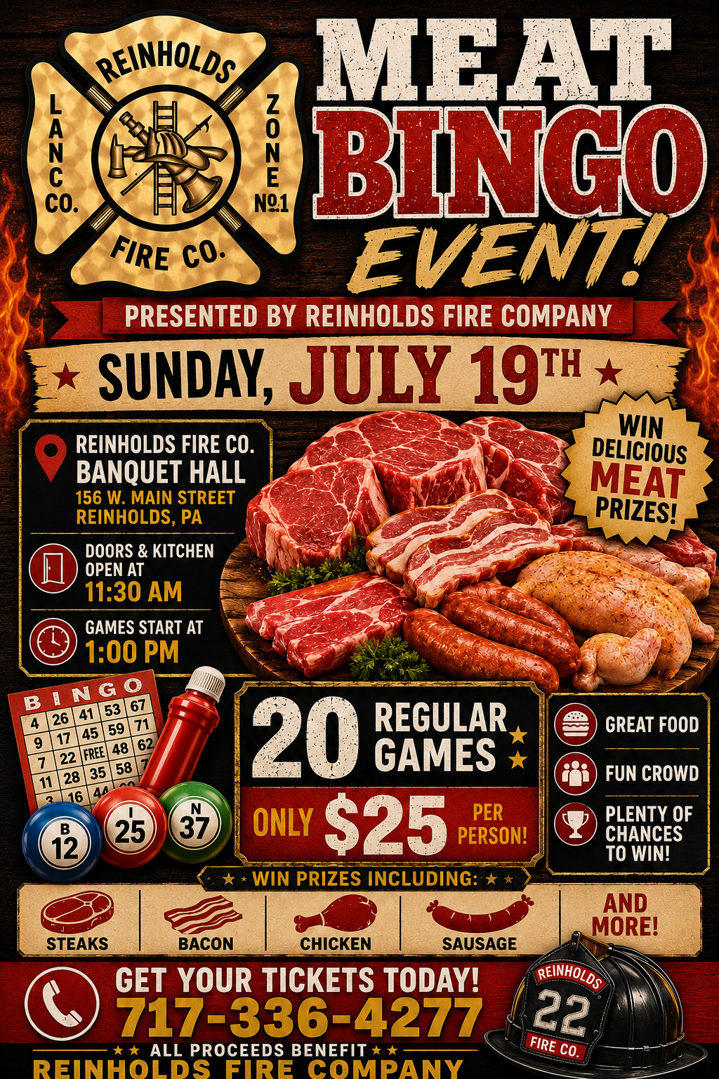 Meat Bingo Fest poster with steaks, prizes, and event details on a red and yellow design