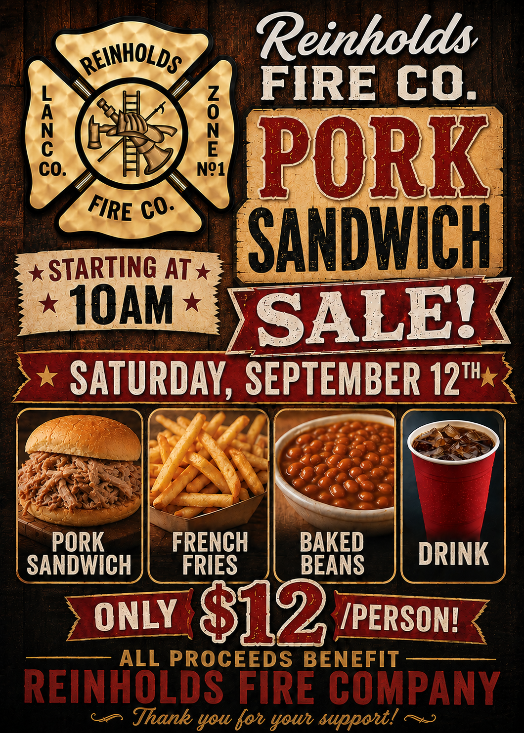 Reinholds Fire Co. BBQ sandwich sale flyer with menu items, date, time, and $12/person price.