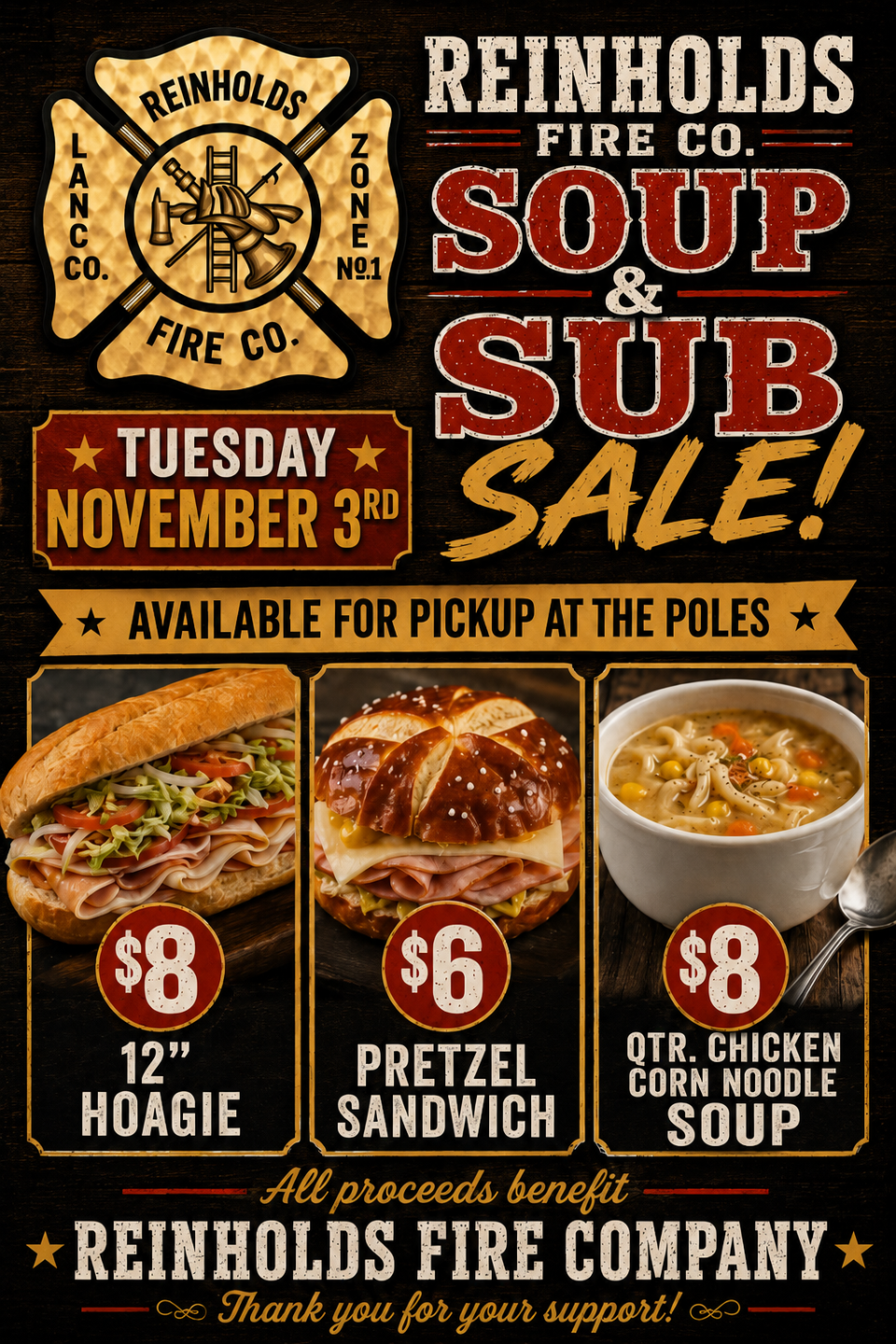 Reynolds Fire Co. soup and sub sale flyer with hoagie, pretzel sandwich, and chicken corn noodle soup prices.