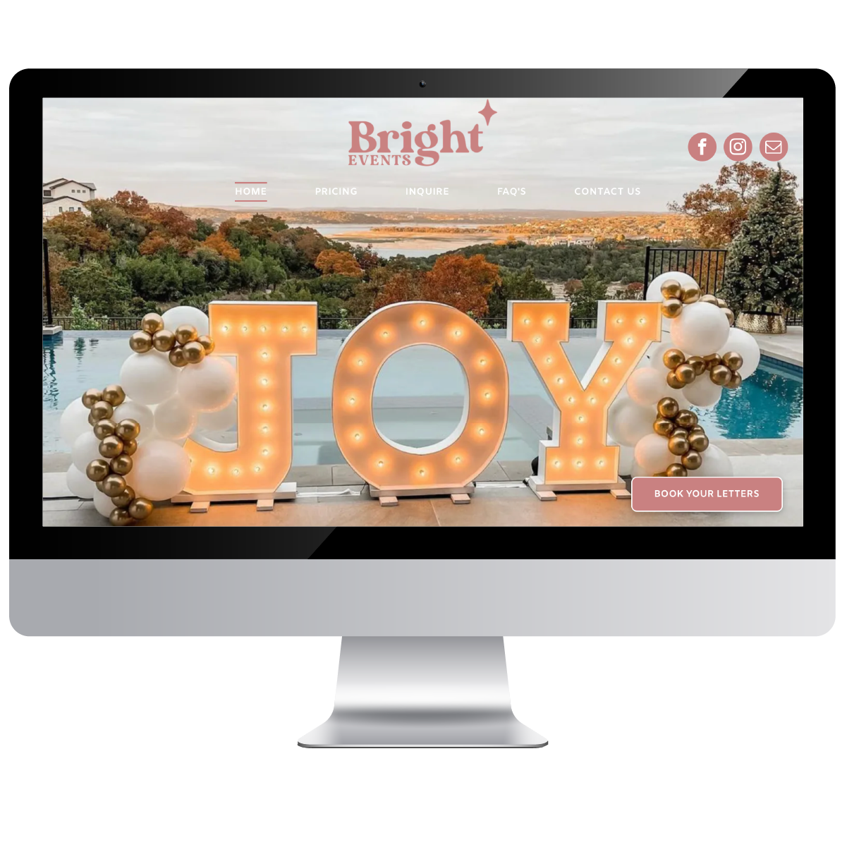 A computer monitor displaying the website for bright parties.