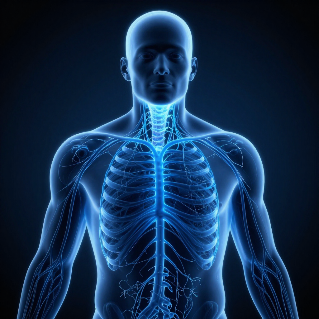 Corpo umano luminoso di colore blu con scheletro e polmoni trasparenti su sfondo scuro.