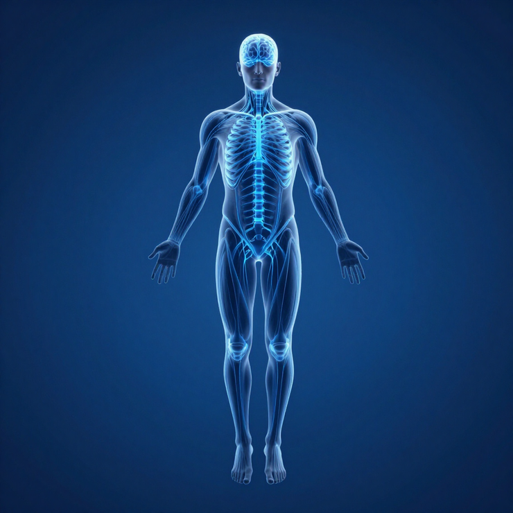 Figura anatomica umana digitale luminosa di colore blu con scheletro visibile su sfondo blu scuro.