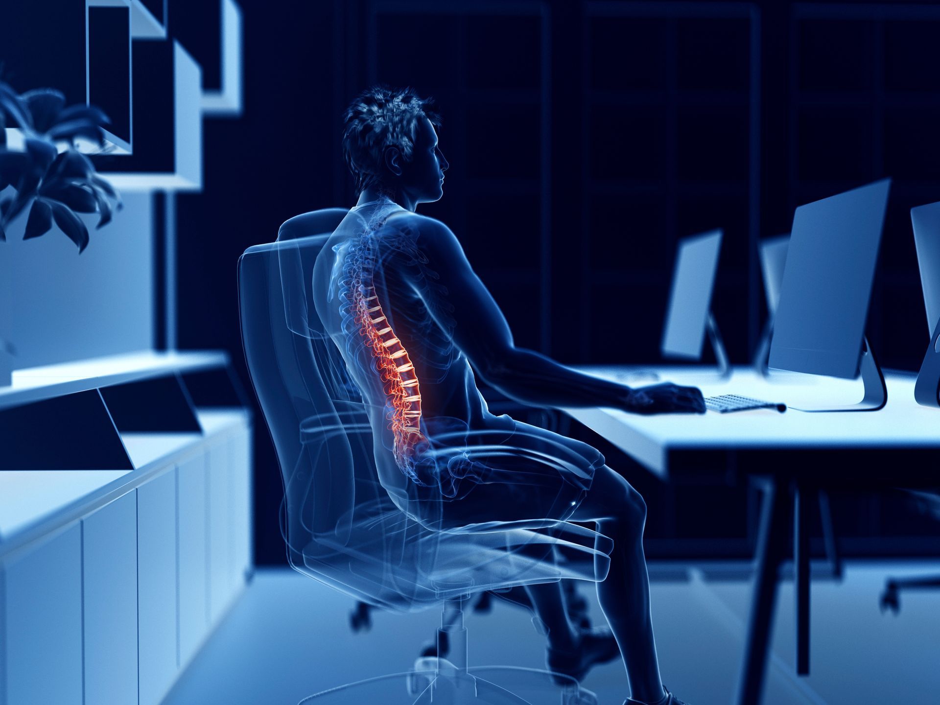 Una persona seduta a una scrivania in un ufficio buio, con la colonna vertebrale illuminata di rosso, evidenziata in una visualizzazione del dolore.