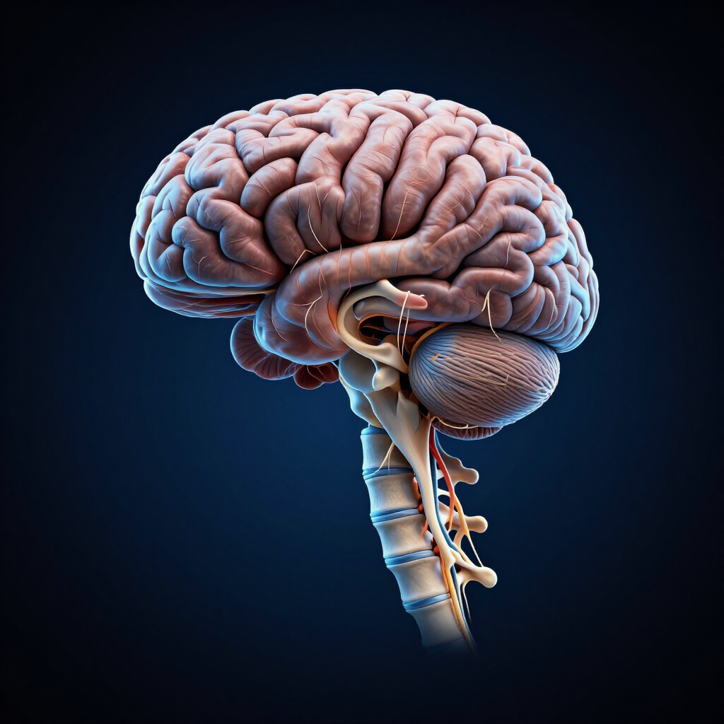 Illustrazione 3D di un cervello umano e del tronco encefalico su sfondo scuro.